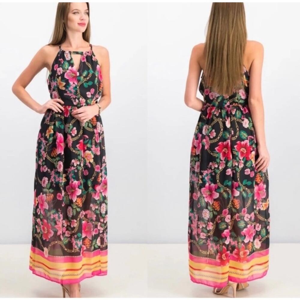 NEW Nicole Miller Floral Maxi Dress Black Pink Resortwear Vacation Spring Garden